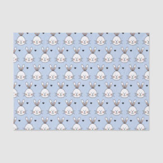 Papier Mousseline Cute White Bunny Faces and Hearts Pattern Blue