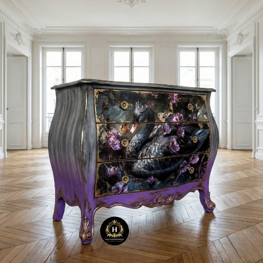 Papier Mousseline Cygne noir avec fleurs violettes Découpage