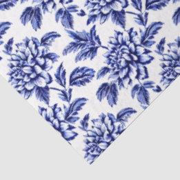 Papier Mousseline Dahlia Fleurs Bleues et Blanches Toile de Jouy