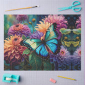 Papier Mousseline Dahlias Et Papillon Vert Bleu Iridescente (Artisanat)