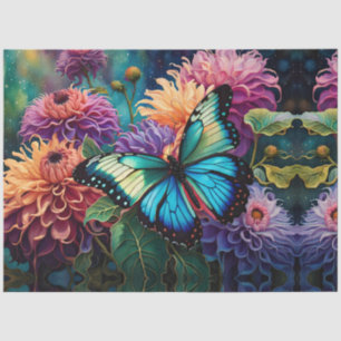 Papier Mousseline Dahlias Et Papillon Vert Bleu Iridescente