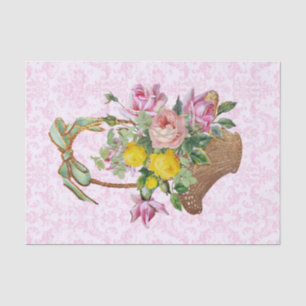 Papier Mousseline Damas floral et roses roses dans un panier artisan