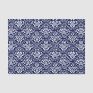 Papier Mousseline Damas florales blanches et Arrière - plan bleu