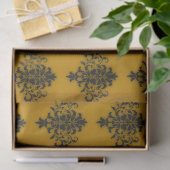 Papier Mousseline Damas noir sur motif jaune moutarde (Cadeau)
