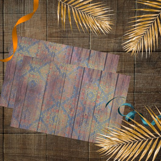 Papier Mousseline Damas Rouge Or Perdu Sur Découpage En Bois