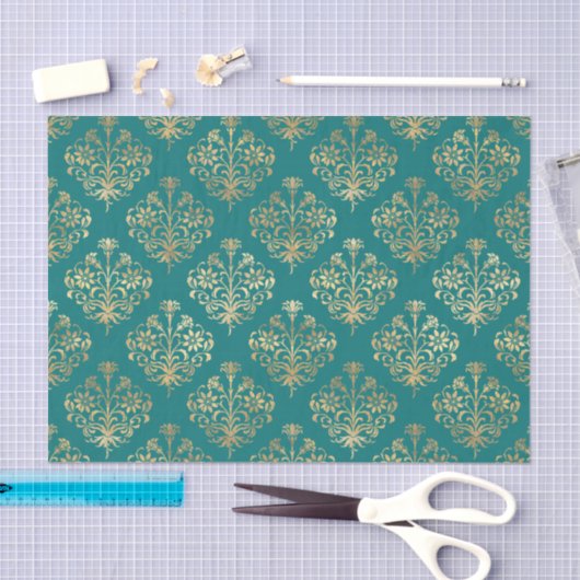 Papier Mousseline Damas turquoise et or (Artisanat)