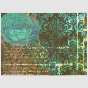 Papier Mousseline Damask blue Flowers- Steampunk grunge