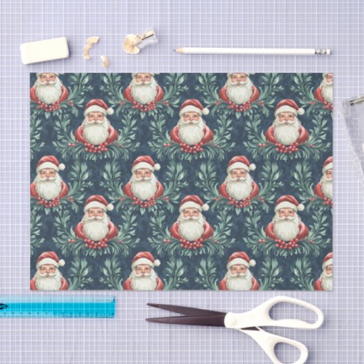 Papier Mousseline Damask Pattern with Santa Claus Faces (Artisanat)