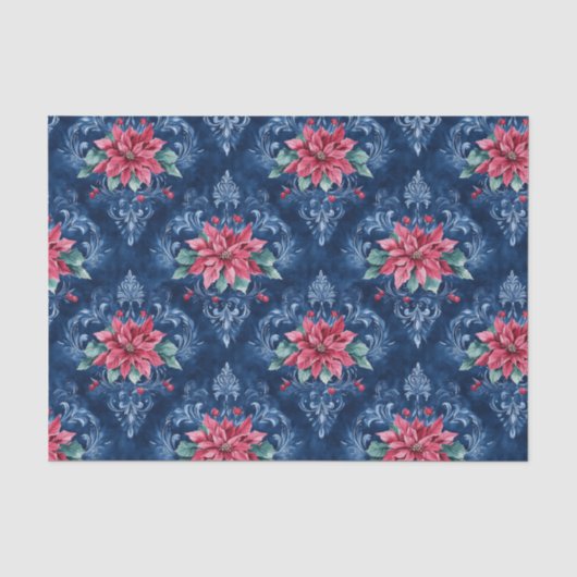 Papier Mousseline Damassé bleu foncé aux fleurs d'euphorbe rouge (Recto)