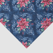 Papier Mousseline Damassé bleu foncé aux fleurs d'euphorbe rouge (Détail)