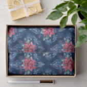 Papier Mousseline Damassé bleu foncé aux fleurs d'euphorbe rouge (Cadeau)