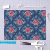 Papier Mousseline Damassé bleu foncé aux fleurs d'euphorbe rouge (Artisanat)