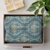 Papier Mousseline Damassé de pineapple doré bleu sarcelle (Cadeau)