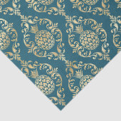 Papier Mousseline Damassé de pineapple doré bleu sarcelle (Détail)