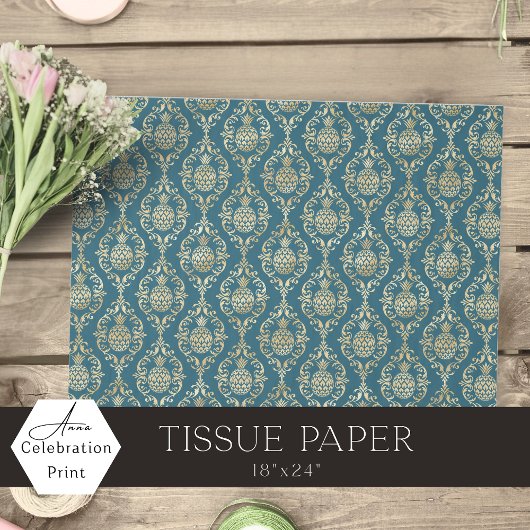 Papier Mousseline Damassé de pineapple doré bleu sarcelle