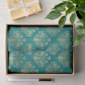 Papier Mousseline Damassé sarcelle et or (Cadeau)