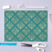 Papier Mousseline Damassé sarcelle et or (Artisanat)