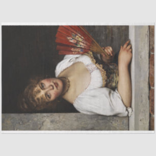Papier Mousseline Dame avec ventilateur rouge (par Eugene de Blaas)