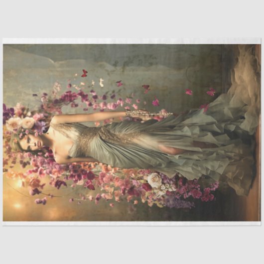 Papier Mousseline Dame en Vert, Portrait & Art Floral Vibrant (Recto)