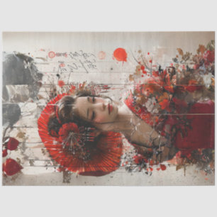 Papier Mousseline Dame japonaise en kimono rouge découpage