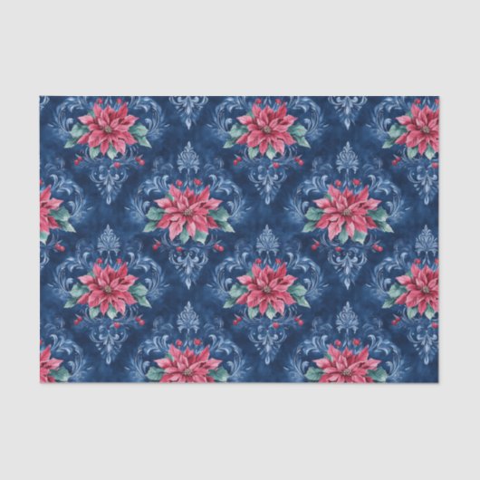 Papier Mousseline Dark Blue Damask with Red Poinsettia Flowers (Recto)