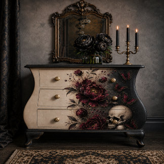 Papier Mousseline Dark Gothic Skull & Burgundy Peonies Decoupage Pap