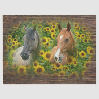 Papier Mousseline De beaux chevaux dans le champ de tournesols