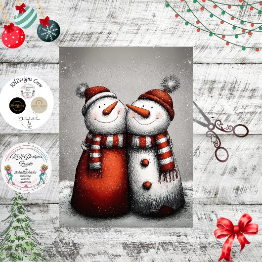 Papier Mousseline Decoupage 2 Snowmen Red Stripped Scarves Winter