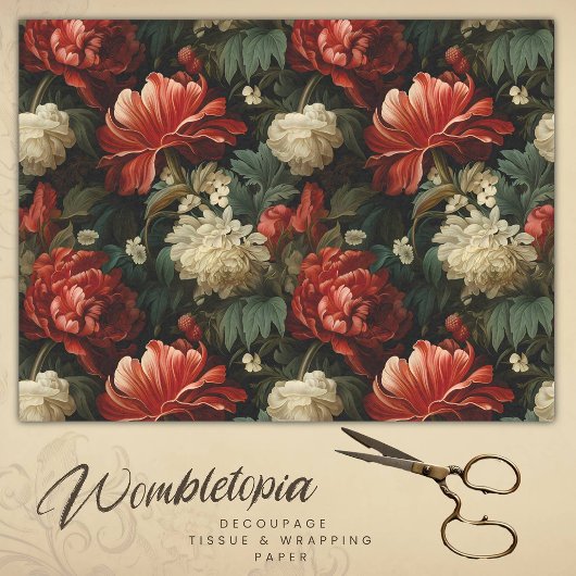 Papier Mousseline Découpage à fleurs de crème et de rouge antique