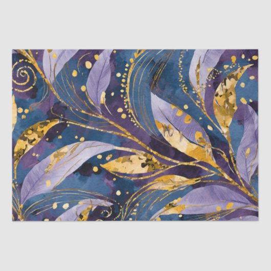 Papier Mousseline Découpage Abstrait Gold Purple et Blue Feuilles (Recto)