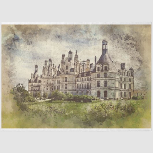 Papier Mousseline Découpage Ancien Château Français Aquarelle (Recto)