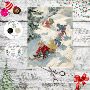 Papier Mousseline Découpage Aquarelle Enfants en Traîneau Colline d'