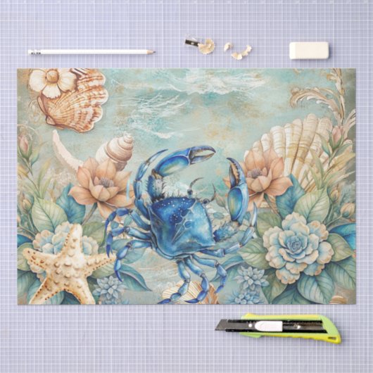 Papier Mousseline Découpage Beachy Pastel Crabe Bleu & Coquillages (Artisanat)