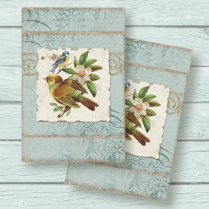 Papier Mousseline Découpage Bleu Jaune Vintage Oiseau Français Ephém