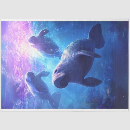 Papier Mousseline Découpage Blue Caribbean Waters Famille Manatee (Recto)