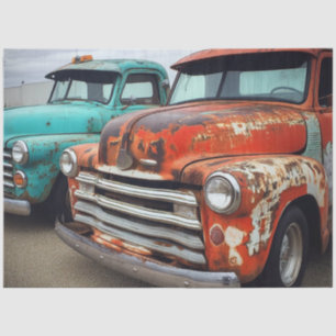 Papier Mousseline Découpage Camions Vintages Turquoise & Rouge