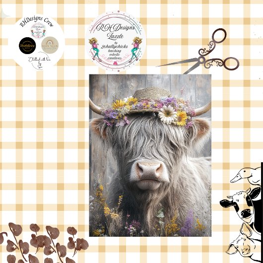 Papier Mousseline Découpage Casquette Whimsical Highland Vache Flowe