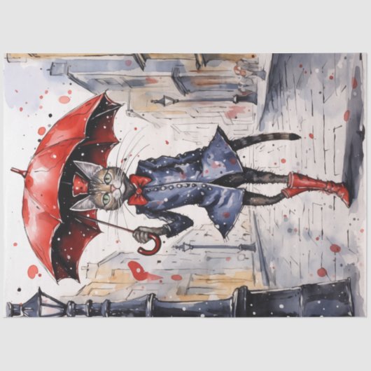 Papier Mousseline Découpage Chat avec parapluie rouge marchant sous (Recto)