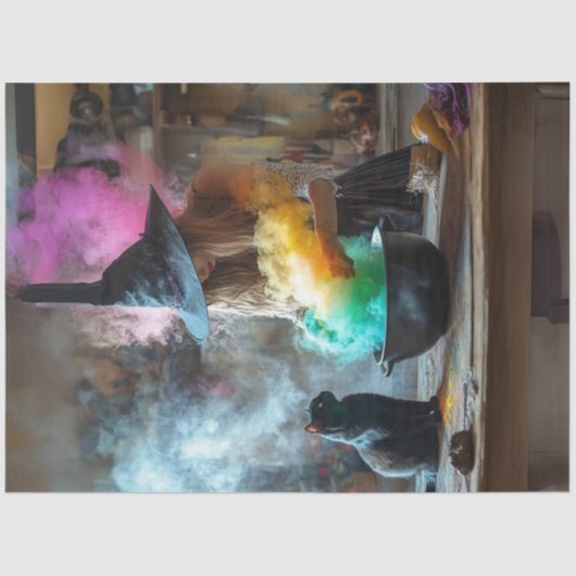 Papier Mousseline Découpage Chat noir regarder des sorcières brasser (Recto)