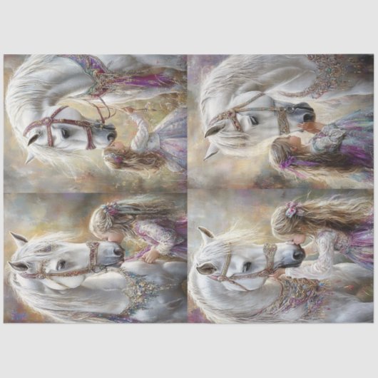 Papier Mousseline Découpage Cheval Blanc Whimsical Orned & Girl (Recto)