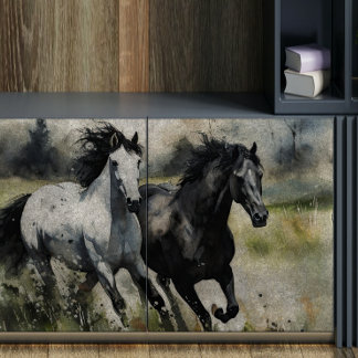 Papier Mousseline Découpage Chevaux sauvages blancs et noirs