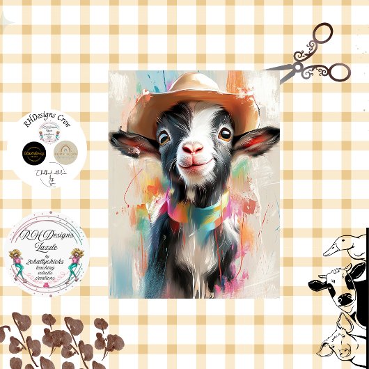 Papier Mousseline Découpage Chèvre Whimsical Cowboy Casquette Aquare