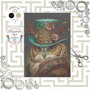 Papier Mousseline Découpage Chouette Steampunk Turquoise & Chapeau à