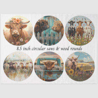 Papier Mousseline Decoupage Circular Saw Highland Cows 8.5" Rounds