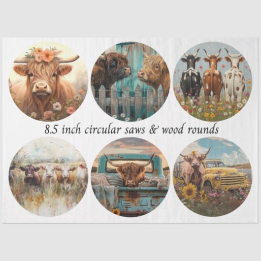 Papier Mousseline Decoupage Circular Saw Highland Cows 8.5" Rounds (Recto)