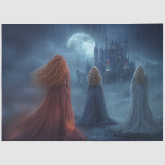 Papier Mousseline Decoupage Cloaked Women Moonlit Summons Castle.  (Recto)