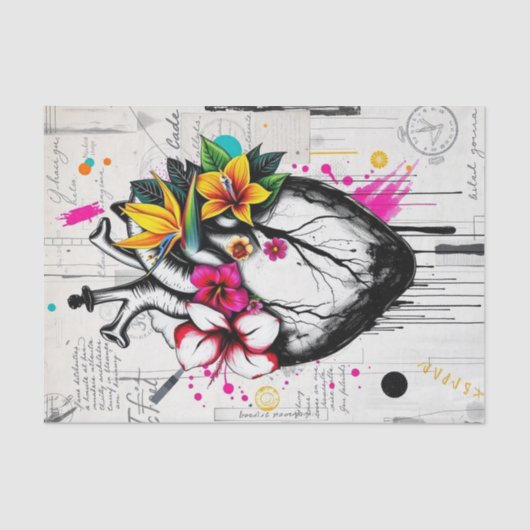 Papier Mousseline Découpage Coeur et fleurs tropicales | Gras (Recto)