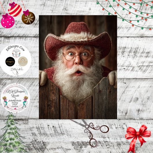 Papier Mousseline Decoupage Cowboy Santa Peeking Rustic Fence 