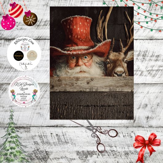 Papier Mousseline Decoupage Cowboy Santa & Rudolph Peeking 