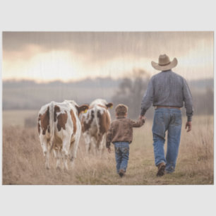 Papier Mousseline Découpage Cowboy & Son Main n Hand Hand With Cattl